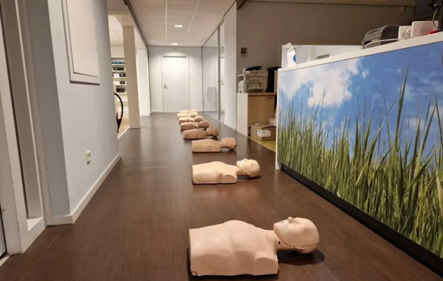 Reanimatiepoppen klaargelegd voor een bedrijfscursus op locatie